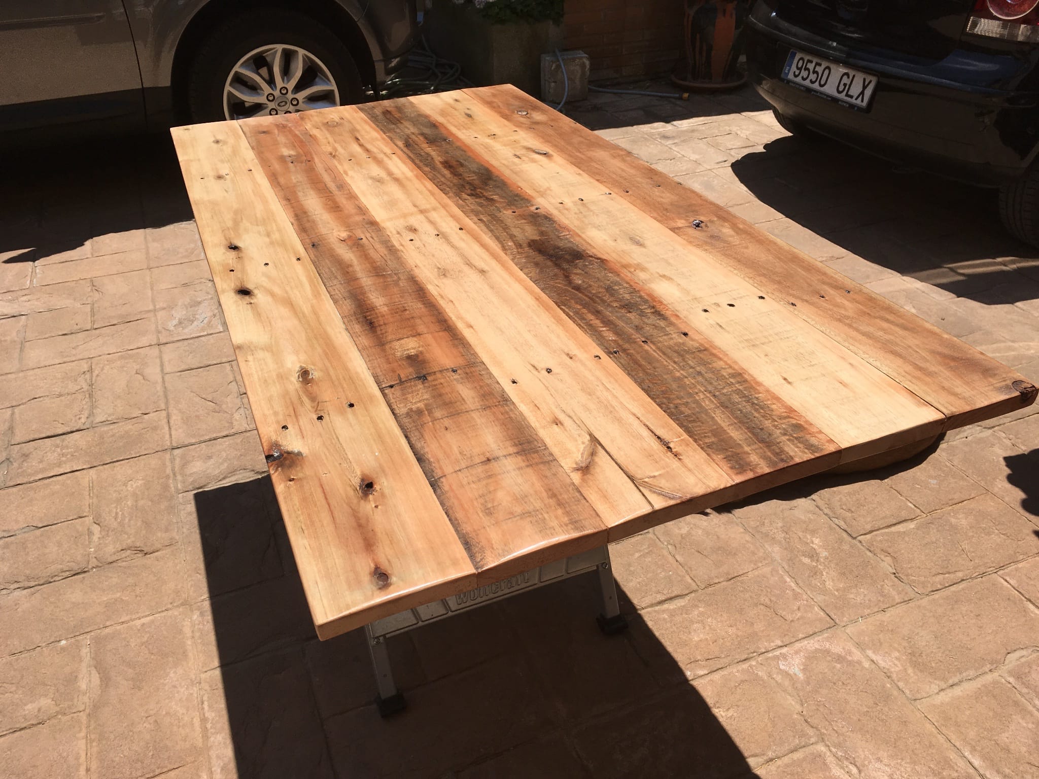 A close up of the table top after the last coat of varnish